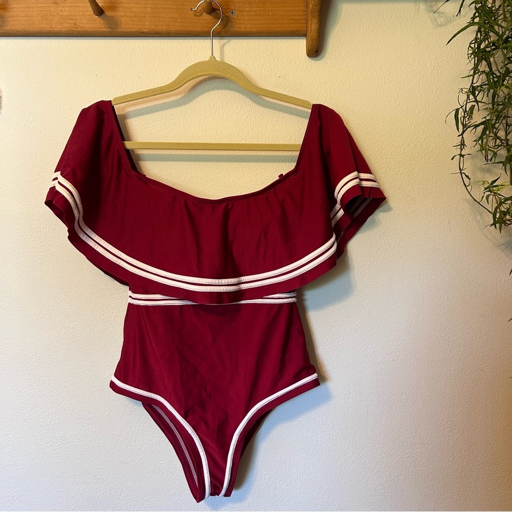 Off-Shoulder One-Piece Swimsuit in Burgundy with White Trim